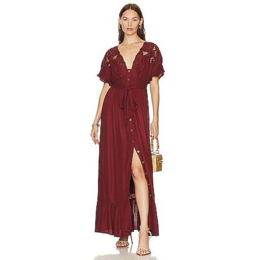 Free People Brown Maxi Dress with Flutter Sleeves and Slit
